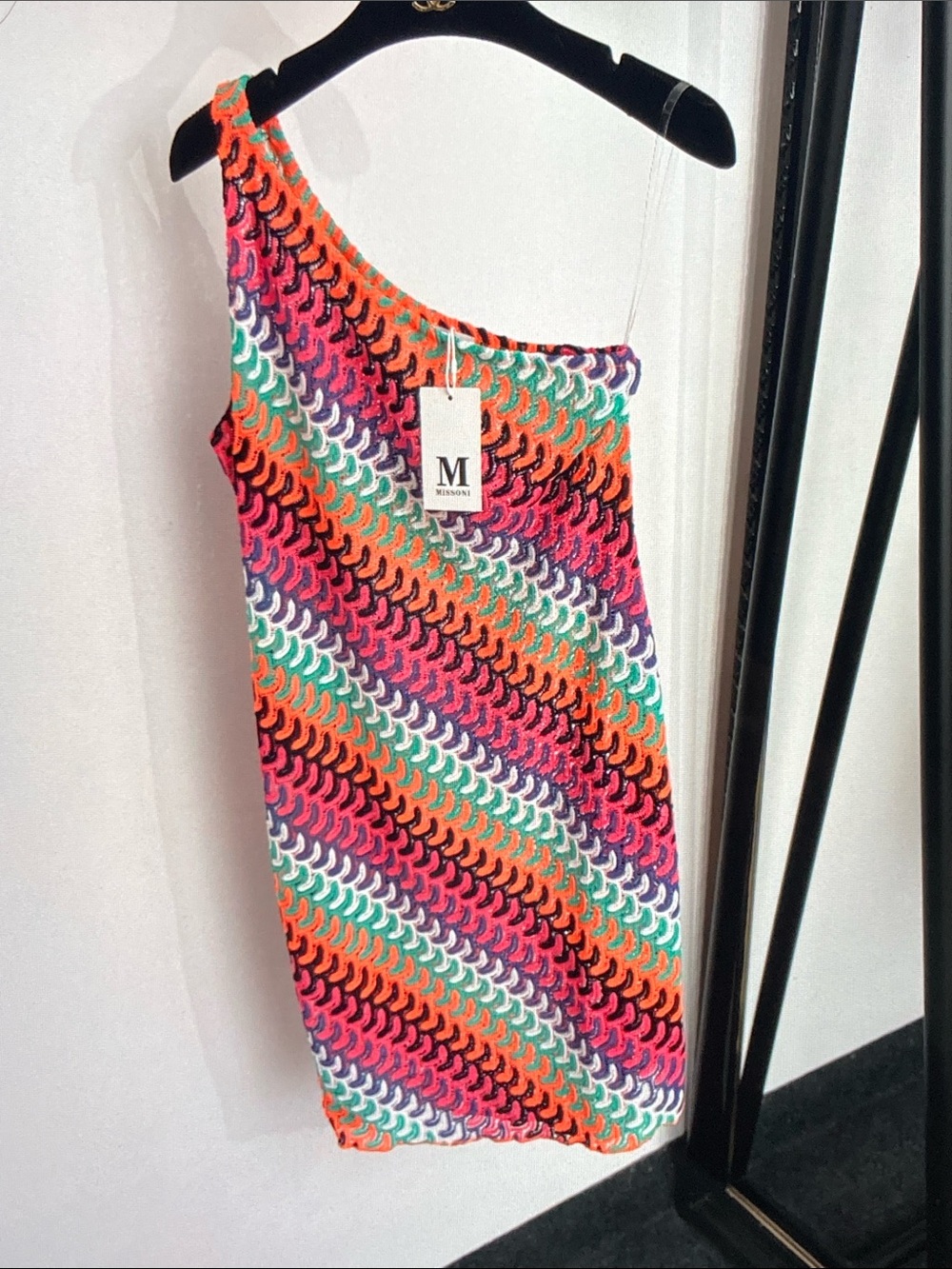 Missoni One-Shoulder Zigzag Knit Dress — Pink, Orange, Green, Purple